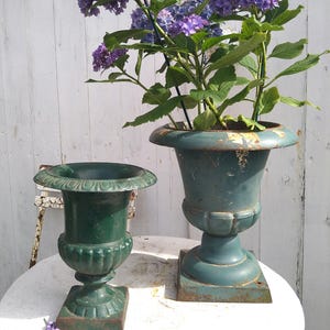 Puede incluir: Dos antiguas urnas verdes, una con vibrantes hortensias moradas. Las urnas tienen un diseño clásico y ornamentado y están sobre una mesa blanca. El fondo es una valla de madera blanca desgastada.