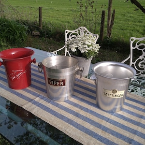 French champagne coolers. Vintage. 3 buckets to choose : modern, red P.Mignon. traditionally made of metal PIPER and Taittinger. Decorative.