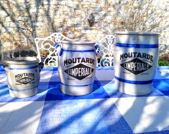Antique Belgian mustard pots, IMPERIALE brand. Stoneware. Well preserved, 3 sizes, from 1-5 liters. Classic for kitchen, garden, forever.