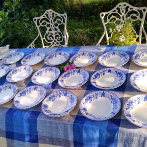 May include: A set of 20 white and blue ceramic plates with a floral design. The plates are arranged on a blue and white checkered tablecloth.