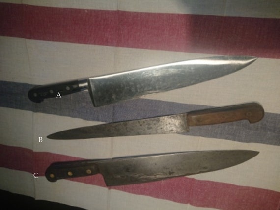 Extra Large Butcher Knives: 2 French Sabatier Knives, 12 and 11 Blade. 1  Swedish Jernbolaget, 12, Antique. Cook Knife Professional, Sharp. 