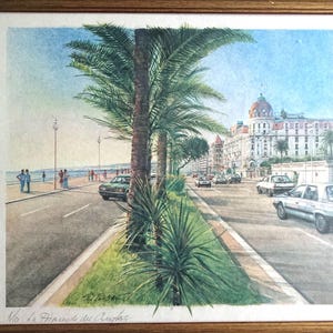 Lithograph Nice Promenade des Anglais, signed H.Thibault, vintage early 80s. Art print framed, ca. 40 x 30 cm, 15 1/2 x 11 1/2 inch