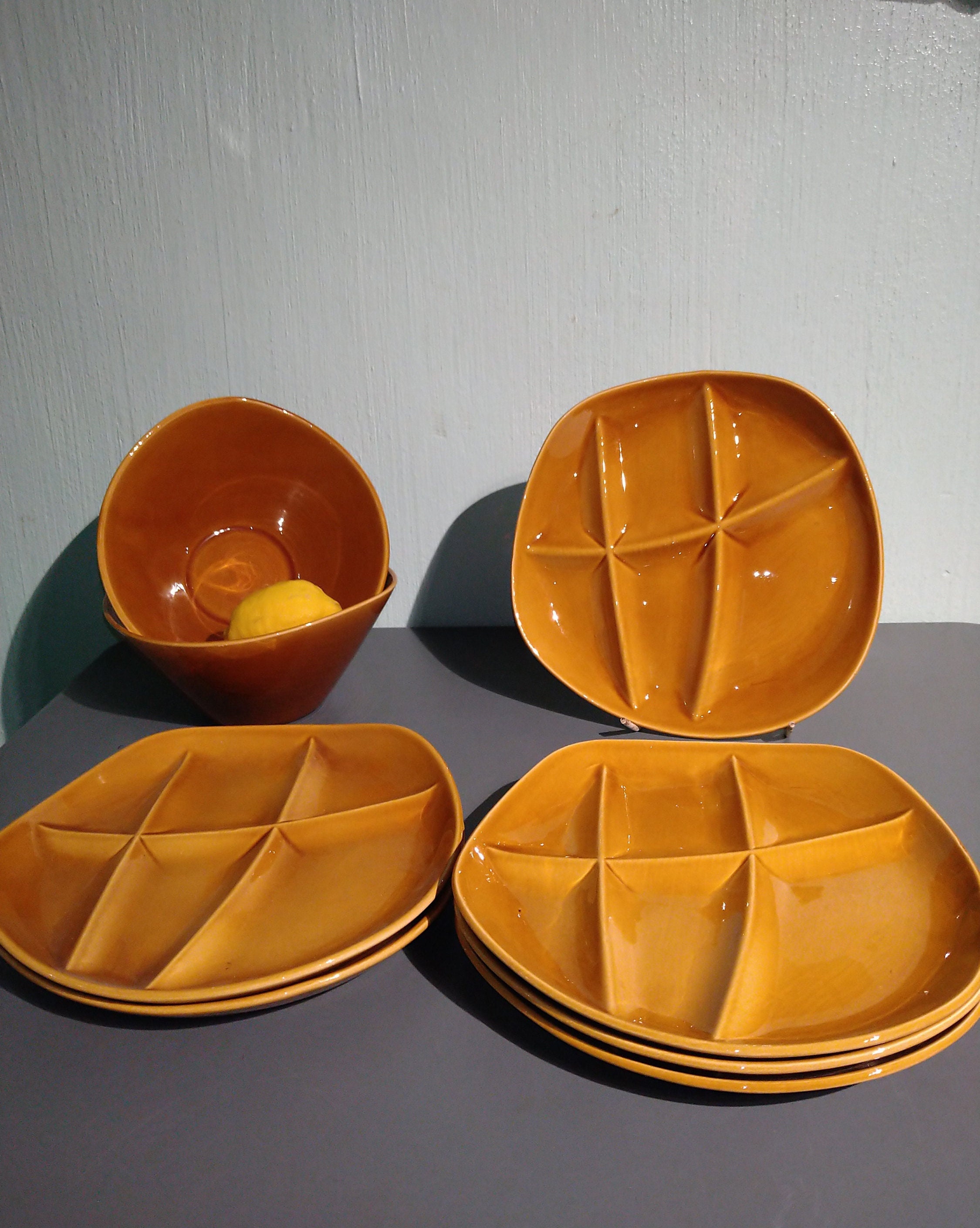 6 Fondue Plates, Salins France. Modernist, Rare Design. Mid