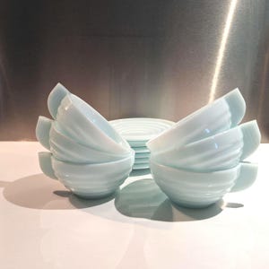 6 French Opaline Art Deco cups, 1930s-50s, counterparts to iconic Fire King USA, light blue milk glass, rare +highly sought after. USA: DDP