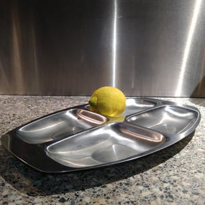 ALESSI Italy Mid Century Modern. Large stainless steel 4 parts antipasti serving plate, charming. Vintage barware. Stamped. Good condition