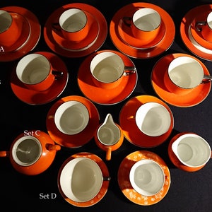 Oranje ! Peter Regout Sphinx, Holland. Ancient cups in the royal Color orange. 4 sets to choose from. Wonderful shabby chic of the decades.
