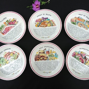 GIEN France, set of 6 deep recipe plates, the most important hearty French stews, 6 recipes in French, vintage. Quality.