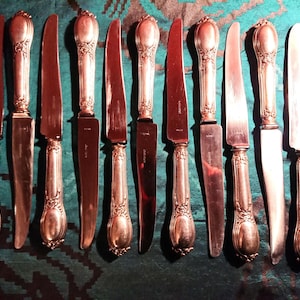 Puede incluir: Una colección de cuchillos antiguos de plata con mangos ornamentados y hojas de acero inoxidable. Los cuchillos están dispuestos sobre una superficie estampada en verde azulado y verde oscuro, mostrando su elegante diseño y encanto vintage.