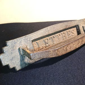 Antique French mail slot. front door handle. Iron. Inscription &quot;LETTRES&quot;. Marked GM 1772. Simple Art Deco style. Decorative, useful