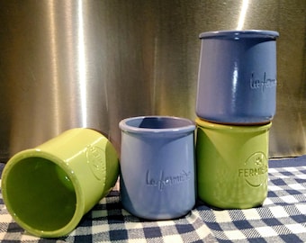 Sets 4-10 Vintage cult yogurt cups. Small clay pots glazed lavender or green. Top condition. Choice of 4 - 16 pieces. "La Fermière" France