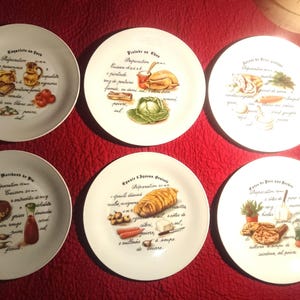 6 French gastronomic porcelain plates, MEHUN. Manufactory L Àrc en Ciel. 6 different recipes with illustrations, French text. Vintage. box.
