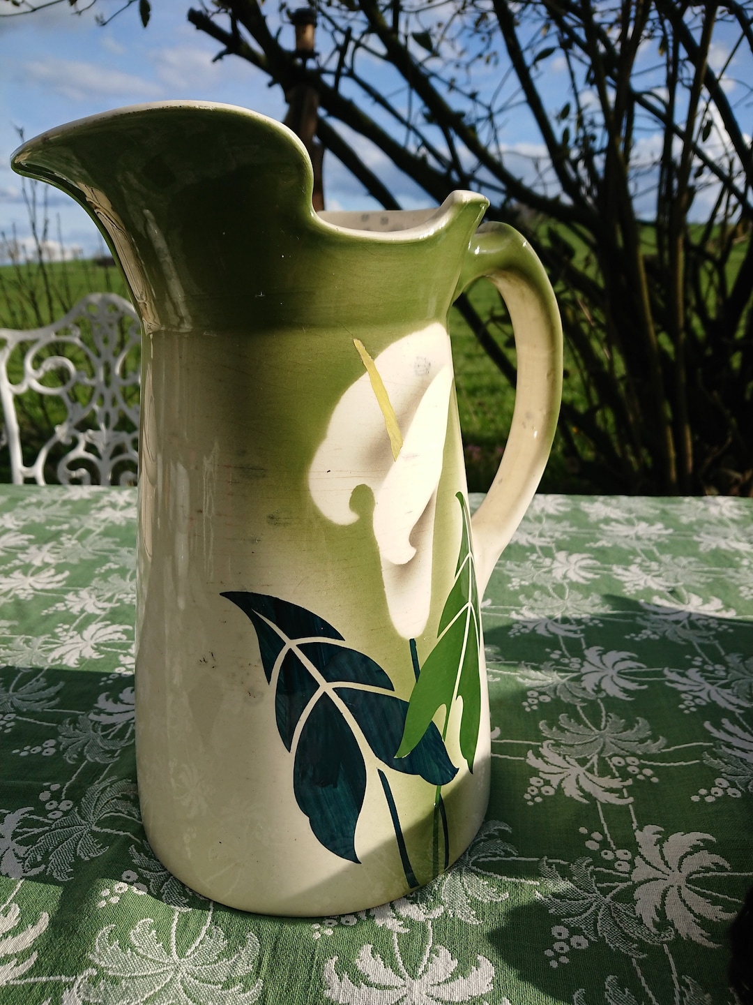 Antique French Water Jug, Romantic Floral Pattern, Spray Technique
