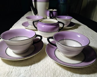 Petrus Regout. Violet antique tea/coffee set of 4, 1918, betw Art Nouveau and Art Deco, Holland. Rarely. Good condition. Maastricht Museum.