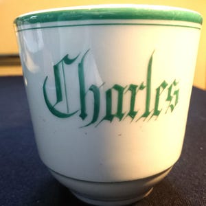 Antique French brulot mug with the name CHARLES in turquoise. Thick-walled, heavy, legendary. Old Parisian bistrot culture of early 1900s.