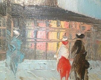 May include: A painting of three figures in a street scene. The figures are wearing colorful clothing and are walking in front of a building with a blue awning. The painting is done in a loose, impressionistic style.
