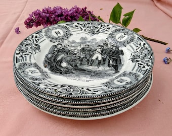 Boch La Louviere. Napoleon plates, set of 6 black white designs. Famous battles. Highly wanted collector's plates in top condition. USA: DDP