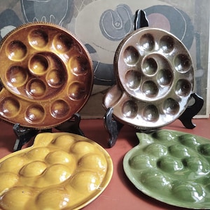 2-4 large St. Clement France, 12-holes snail pans, mid-century art pottery, selection of caramel yellow, brown-green. Vintage snail plates