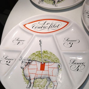 1-3 pairs of French fondue plates, Paris Porcelaine d Ateuil. Vintage 80s. Informative illustration of French cut beef. Stable. Style Lobjoy