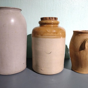 Old French preserving pots, selection of storage vessels. Stoneware 1930-1960. Well preserved. Fat, confit. Cucumbers. Slim shapes. Vintage