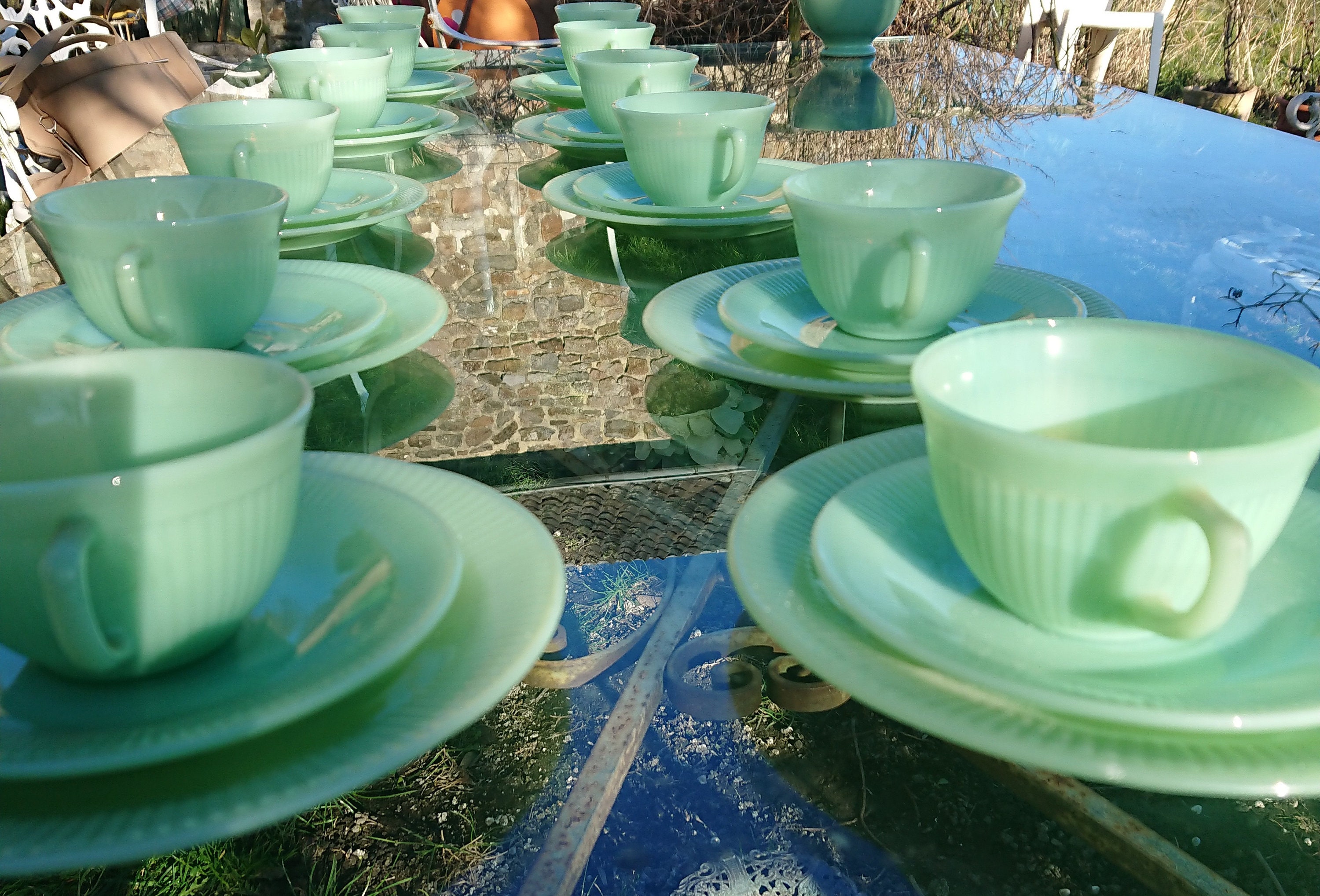 Service Fire King 18 P. Anchor Hocking, Jadeit, Jane Ray, USA Cult