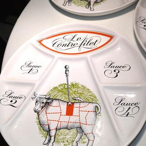 2 or 4 French fondue plates, Paris Porcelaine d Ateuil Vintage 80s. Informative illustration of French cut beef. Stable. Style Lobjoy