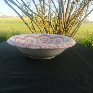 May include: A white ceramic bowl with a wide rim featuring a red floral pattern. The bowl is set on a black surface, with a natural outdoor background of trees and a green field. The bowl is likely vintage or antique.