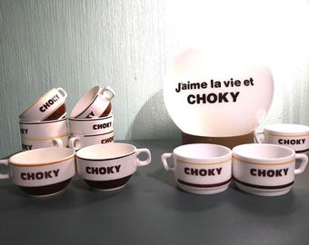 Pairs of CHOKY bistro and advertising cups, 1960s/70s. Sarreguemines and Arcopal. Hot chocolate. Charming collection. Choice. Pure vintage