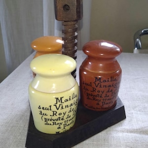 Original Maille mustard pots, Dijon, France, vintage, 3 small ceramic mustard pots, used, empty, different sorts, original wooden stand.