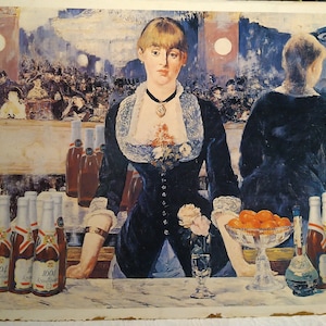 Beer and impressionism. Vintage advertising poster from Kronenbourg, 90s. Print retouch. Edouard Manet, Paris, Bar in Folies Bergère, 1882.