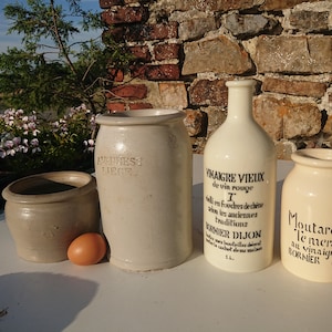 Old spice jars. earthenware. Mustard pots, vinegar bottle, BORNIER Dijon. The classics for the kitchen or garden.. mustard, vinegar. confit.