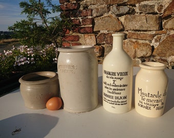 Old spice jars. earthenware. Mustard pots, vinegar bottle, BORNIER Dijon. The classics for the kitchen or garden.. mustard, vinegar. confit.