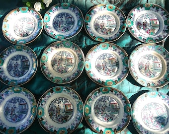 12 Boch Frères Canton 19th century dessert plates, rare antique ensemble. Japanese Asian decor, green variant. Well preserved