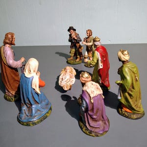 8 antique  nativity figures. Rare, Marolin, sturdy paper mache hand-painted 1920-1950, Holy Family. expressive faces. Thuringia VTG original