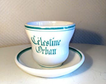 Antique French Brulot cup, name Cèlestine Orban in turquoise. Thick-walled, heavy, legendary. Old Parisian bistro culture beginning of 1900.