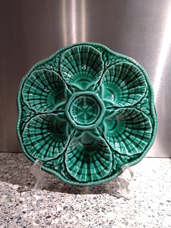 1-6 Sarreguemines France Oyster Plates, Emerald Green, 1920s-50s