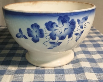 Large bol, café au lait bowl, classic blue and white, antique, original condition, 1930's. Signed NIMY Royal Manufactory, Francobelgium