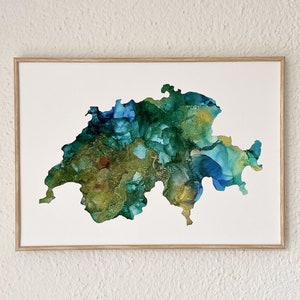 Schweizer Gelassenheit | Abstrakte Tinte Kunstdruck der Schweiz | Hochwertige Giclée | DIN A4 Format | Wanddekoration | Hirsch und Spatz