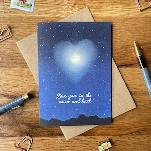 Je t'aime jusqu'à la lune et le dos carte d'amitié | Saint-Valentin ciel nocturne | Carte d'anniversaire sur le thème de la lune