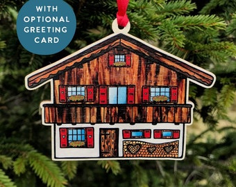 Swiss Chalet Ornament, Swiss Souvenir for Christmas Tree, Switzerland Travel Ornament, Swiss expat leaving Gift, Switzerland Greeting Card