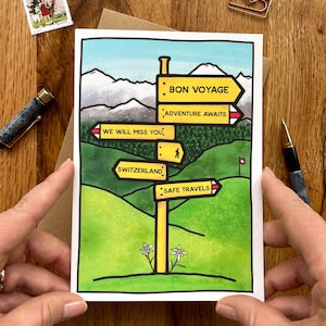 Carte Leaving Switzerland - Panneau jaune suisse de randonnée - Bon voyage, bons voyages, vous nous manquerez - Carte d'adieu pour les expatriés ou les amis