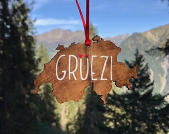 Grüezi Hanging Ornament, Switzerland Map Ornament, Swiss German Gift, Swiss Expat, Leaving gift, Swiss Christmas Decoration