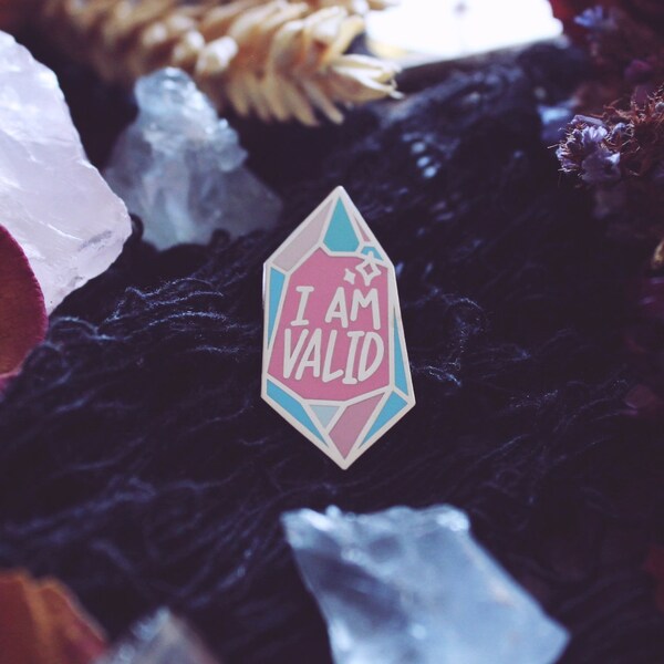 I Am Valid Pin - Enamel Lapel Pin - Transgender Flag Trans Non-binary Agender Genderqueer LGBTQ Affirmation Pride Crystal Point Gift