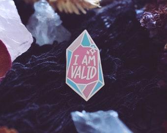 I Am Valid Pin - Enamel Lapel Pin - Transgender Flag Trans Non-binary Agender Genderqueer LGBTQ Affirmation Pride Crystal Point Gift