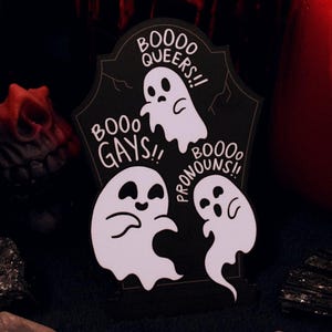 Horrify The Homophobes Magnet - Queer Horror Pride Spooky Gay Trans LGBTQ+ Transgender Cute Ghosts Haunted House Gothic Scary Blood Red