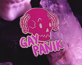 Gay Panik Meme Pin - Nickel Plated Enamel Lapel Pin - Queer LGBTQ Pride Spooky Skull Skeleton Panic Funny