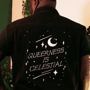 Queerness Is Celestial Denim Vest (New) - Embroidered & Screenprinted Black Denim Vest Jean Jacket LGBTQ+ Queer Gay Trans Pride Affirmation