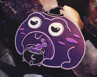 Witch Frog Patch - 3" Iron On Embroidered Patch - Witchcraft Cauldron Toad Purple Moon Occult Spooky Witchy Cute Halloween