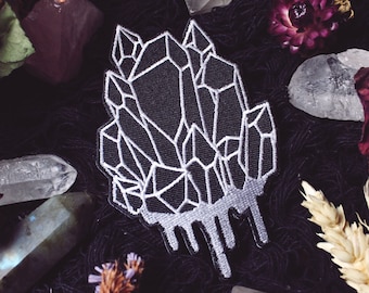 Crystal Patch - 4" x 2.5" Iron On Embroidered Patch - Black Gothic Witch Crystal Point Cluster Witchcraft Spooky
