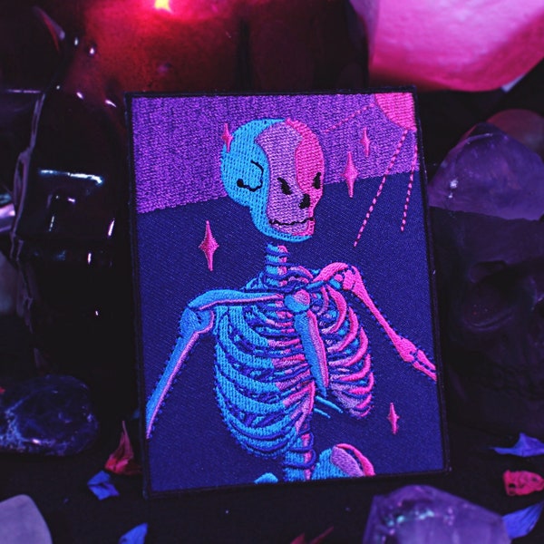 Bisexual Lighting Skeleton Patch - Iron On Embroidered Patch - 2.75" x 3.75" Queer Bi Pansexual Polysexual LGBTQ Gay Pride Spooky Skull Meme