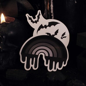Goth Rainbow Sticker - 4&quot; Vinyl Sticker - Bats Moon Monochrome Black & White Grey Gothic Spooky Punk
